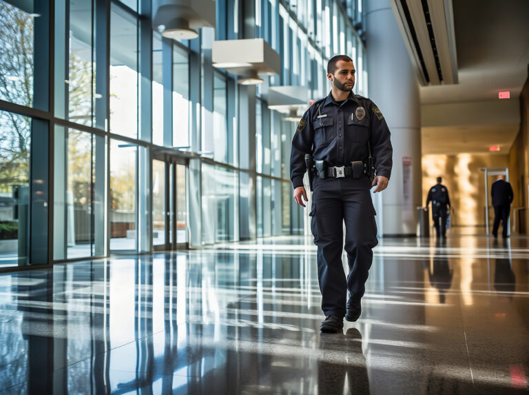 Security officer in a building lobby